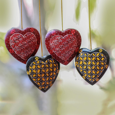 Traditional Batik Wood Heart Ornaments from Java (Set of 4), 'Traditional  Hearts